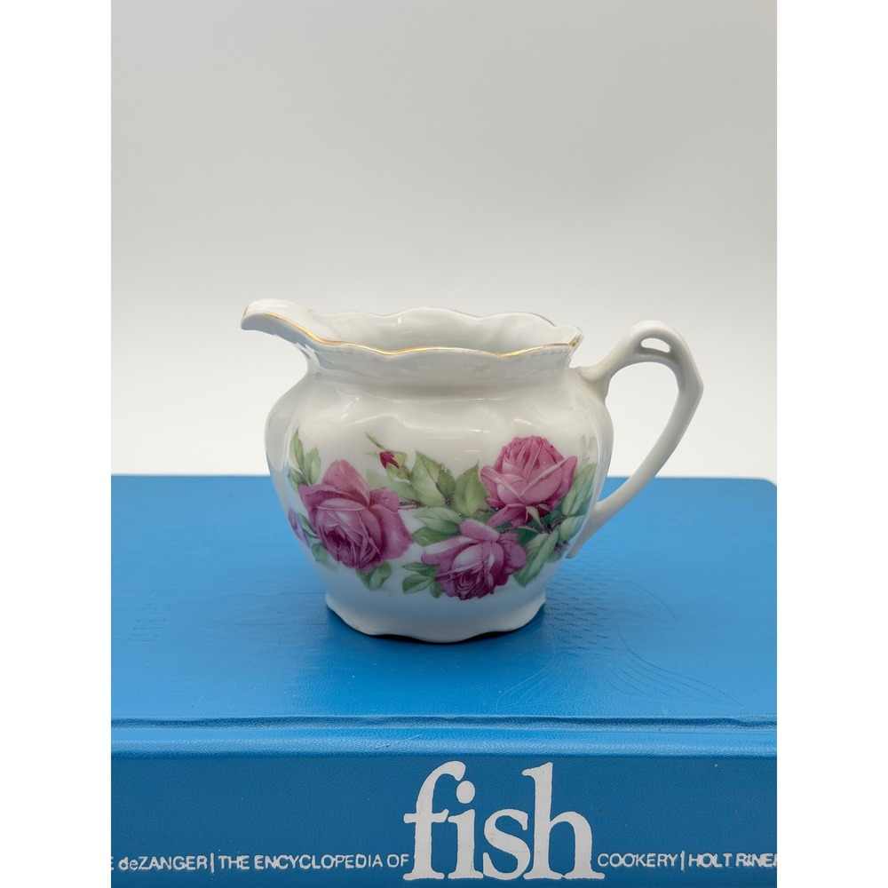 Vintage Germany Porcelain Creamer Pitcher Pink Rose Floral Gold Trim Scalloped